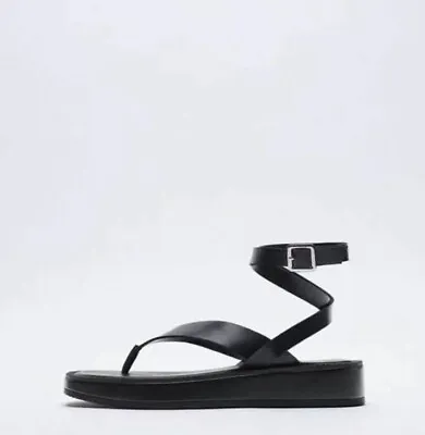 $30 • Buy Zara Style Ankle Wrap Thong Platform Sandals Black Sz 39 8.5