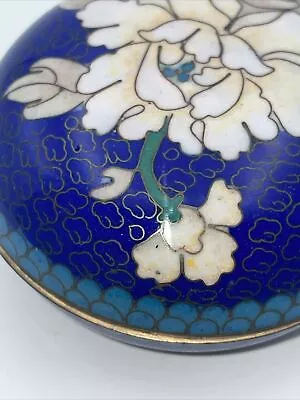 Vintage Floral Cloisonné Enamel Cobalt Blue Small Lidded Dish Trinket Box • $19