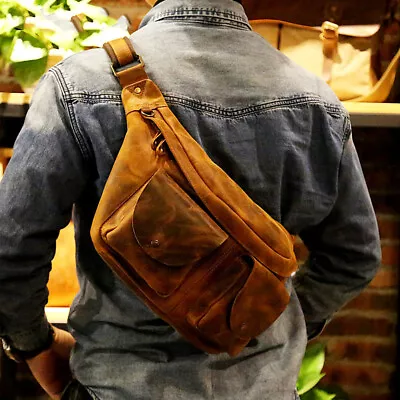 Vintage Men Leather Sling Bag Crossbody  Large Capacity Casual Chest Bag RT78002 • $89.85