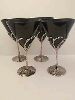 X4 SKELETON Hand Martini Wine Glass HALLOWEEN Black Silver Metal GOTHIC Bones • $150