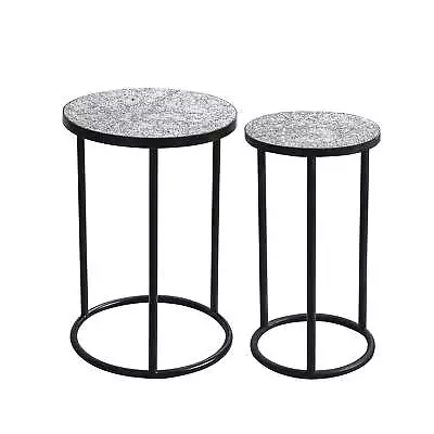 Mosaic Black Metal Round Side Table - Plant Stand - Bistro Table - Glass Top Ind • $121.99