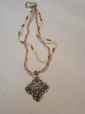 Vintage 1928 Cross Pendant Necklace Orange Beads Silver Tone • $17.57