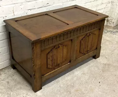 Antique Style Panelled Oak Linenfold Blanket Box Trunk Chest (Can Deliver) • £95