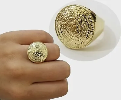 GOLD Mens Ring Aztec Mayan Solid 10k Yellow Gold Sun Calendar 10 KT  REAL Gold • $470.95
