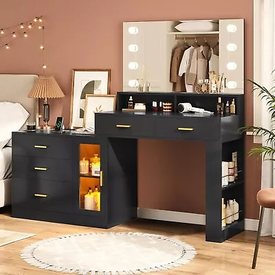 Makeup Vanity Desk With Mirror Modern Dressing Table W/Drawers & Storage Cabinet • $249.89