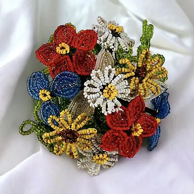 Vintage Seed Bead Flower Bouquet French Beaded Corsage Small Floral Arrangement • $38