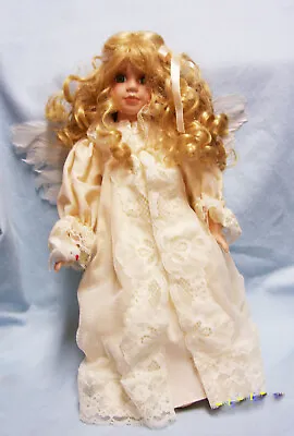 DOLL ANGEL COLLECTIBLE Porcelain 16  Doll Blonde Hair Grn Eyes Feather Wings -A2 • $27.95