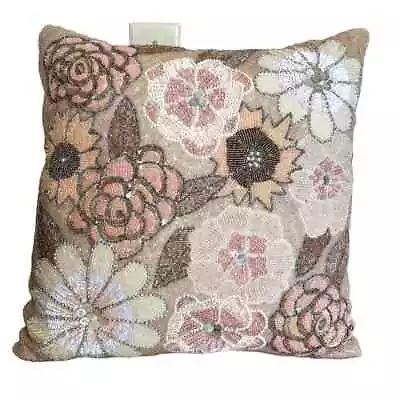 Primrose Vintage Beaded Sequin Throw Pillow Pink Silver Flower Rose Velvet 17  • $48