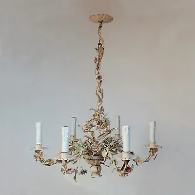 Antique Italian Florentine Tole Chandelier Ceiling Light 6 Arms Flowers Vintage • $365