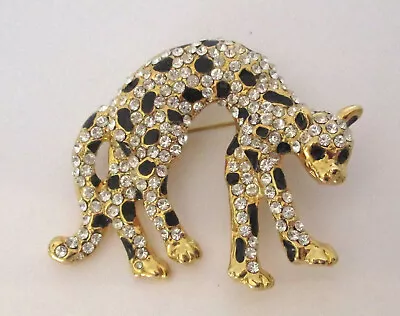 Vintage Crystal Rhinestone/Black Enamel Leopard/Cat Brooch • $2.99