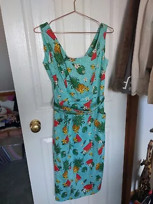 Ladies Collectif Pencil Wiggle Dress  Tropical Fruit Print Size 14 L Vgc • £20