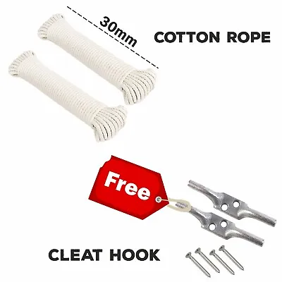 2xTraditional Strong Cotton Rope Washing Clothes Dryer Line With Cleat Hook Free • £8.99