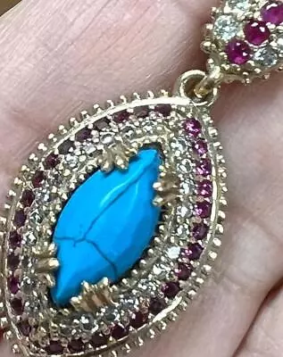 Turquoise Genuine DIAMOND Ruby Necklace Pendant 14K Yellow Gold On Solid 925 Gp • $325