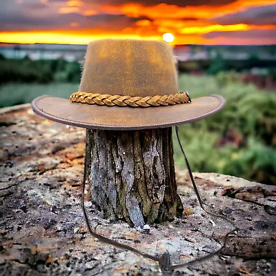 Distressed Brown 100% Real Leather Crazy Cowboy Hat In Australian Western Style • £18.47
