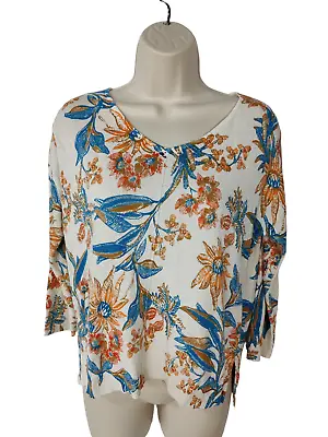 Womens M&s Uk 10 Blue Mix Floral Casual Linen Blend V Neck 3/4 Sleeve Jumper Top • £5.99