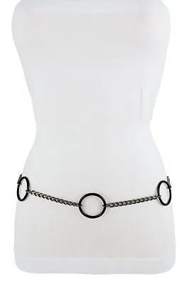 Women Stylish Pewter Color Metal Chain Links Black Rings Belt Hip Waist M L XL • $18.99