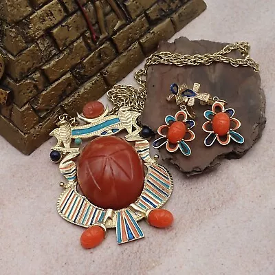 Vtg Hobe Orange Resin Scarab Blue Gold Enamel Egyptian Snake Necklace Earrings • $199.95