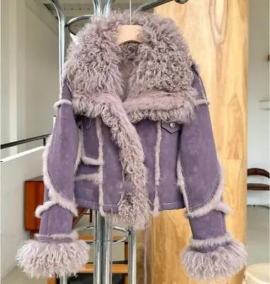Rabbit Fur Coat Women's Short Biker Jacket Lamb Fur Collar Punk Leather Coats • $122.35