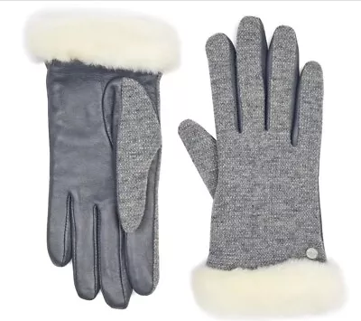 NWT New UGG Australia Shearling Lined Leather Paneled Knit Gloves Grey Large • $64.95