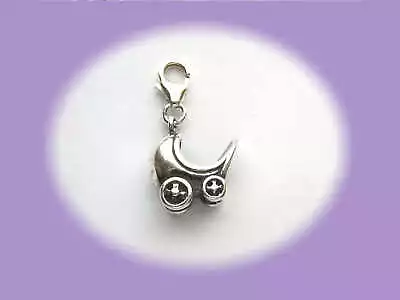 925 Solid Sterling BABY PRAM/CARRIAGE 3D Charm Antique Silver ON CLIP 3 Grams • £8.95