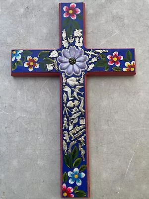 Mexican MILAGROS CROSS Wood Cross LG  17” X 11” Mexican Folk Art • $49.99