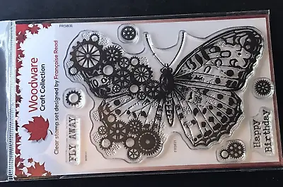 Woodware Cog Butterfly Clear Stamp Set - Steampunk Fly Away Birthday Phrases • £4.99