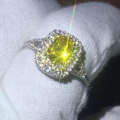 3Ct Cushion Cut Yellow Canary Diamond Halo Engagement Ring 14K White Gold Finish • £90.72