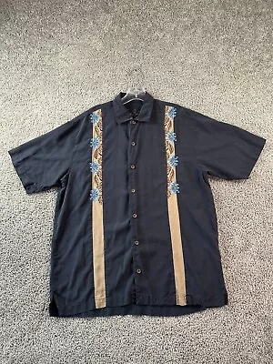 Tommy Bahama Silk Shirt Mens Large Black Blue Bowling Panel Hawaiian Button Up • $29.69