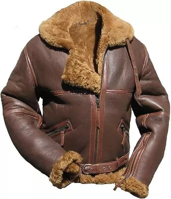 B3 RAF Brown Mens Leather Jacket Genuine Sheepskin Battle Of Britain Flying Coat • $84.49