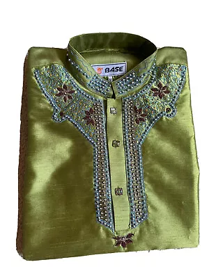 Mens Indian Asian Green Raw Silk 2 Piece Kurta Suit Mehndi Wedding Attire Medium • £16.99