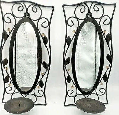 Pr Vtg Wrought Iron Wall Mirror Candle Holder Ornate Tole Floral Leaves & Bead • £38.58