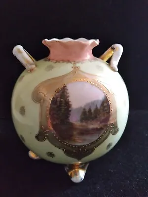 Antique Austria Victoria Porcelain Footed Round 2 Handled Vase 4-3/4  H • $29.99