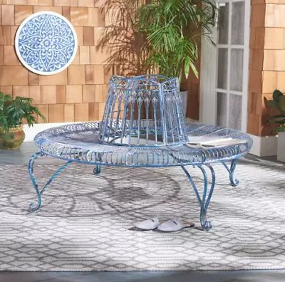 Out Door Tree Bench Seat Victorian Garden Iron Vintage Comfortable Style Blue • $327.37