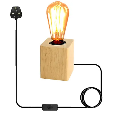 Plug In Lamp Kit Table Lamp 2m PVC Cable With ON/OFF Switch E27 Light Wooden UK • £19.89