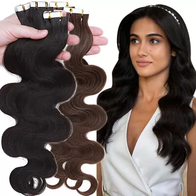 Traceless Glue Tape In Russian Remy Human Hair Extensions Skin Weft Body-Wave • $31.98