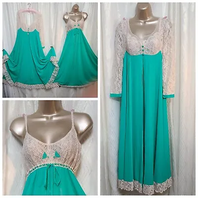 VTG 34 36 TWIRLY LUCIE ANN Peignoir SET Elegant Jade Teal Nylon Nightgown Lace   • $199.99