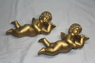 Vintage Gold Cherub Angel Pair Wall Decor - Universal Statuary Corp 1958 • $20