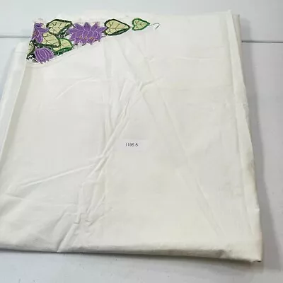 Vintage Flat Sheet Queen White Embroidered Floral Edge Cotton Mcm • $19.99