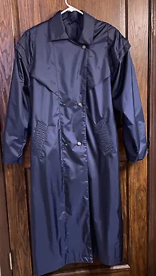 Maurices Vintage 80’s Long Navy Raincoat Trenchcoat Rubber Coated Nylon Size 7/8 • $20