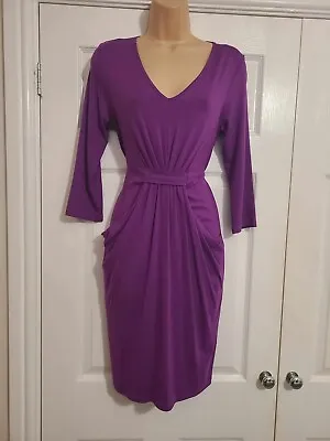 New M&S Magenta Purple Jersey Feel 3/4 Sleeve Fitted Dress Size 12 • £17.50