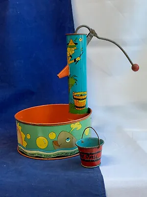 Vtg Ohio Art Simple Simon Sand Pail Water Pump & Bucket Tin Litho Toy • $49.95