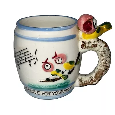 WHISTLE For Your MILK Ceramic Cup Mug BIRD Hand Decorated VTG Japan MCM Blue • $32.99