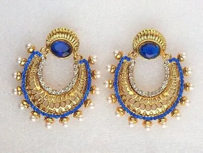 Indian Ethnic Traditional Bollywood Gold Pearls Blue Stones Jewelry Earrings • $18.46