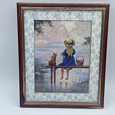 Girl Sitting On Bench Fishing W Cat Framed Picture Made In England 11 X9  Vtg • $19.95