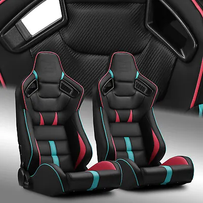 Black With Red/Blue PVC Reclinable VIPER-Series Racing Seats Pair W/Slider • $345.98