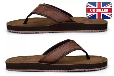 Mens Flip Flops Mens Toe Post Sandals Summer Sandals Leather Effect Mules Brown • £15.19