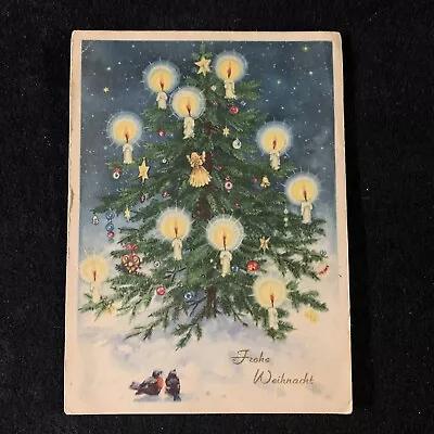 Vintage Merry Christmas In German Frohe Weihnacht Postcard Tree Angel Robins • $5.10