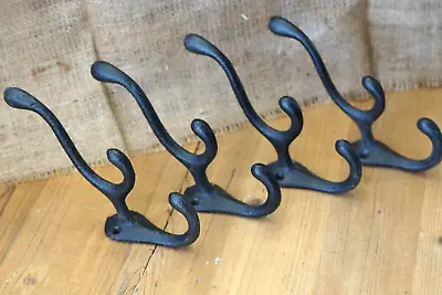 4 Cast Iron TRIPLE SCHOOL Style Coat Hooks Hat Hook Rack Hall Tree Tack Black • $17.99