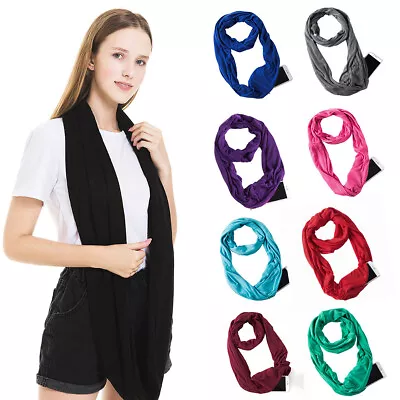 Women's Fashion Scarves Wraps Soft Travel Zipper Pocket Muffler Infinity Scarf • $10.99