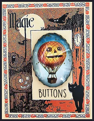 Jack O Lantern ~Hot Air Balloon GLASS DOME BUTTON Filigree  XL Vintage Halloween • $10.99